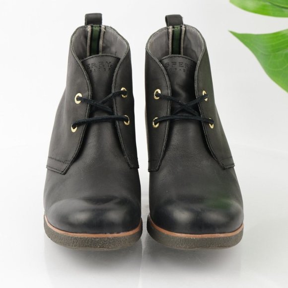 Sperry Women's Harlow Boot Size 10 Wedge Heel Lace Up Black Leather Boho Bootie - Picture 3 of 12